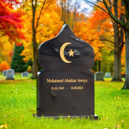 "Muslim upright headstone memorial in black granite with crescent moon and star detail, polished inscription panel, and solid rectangular base—crafted for spiritual legacy and Arabic engraving."