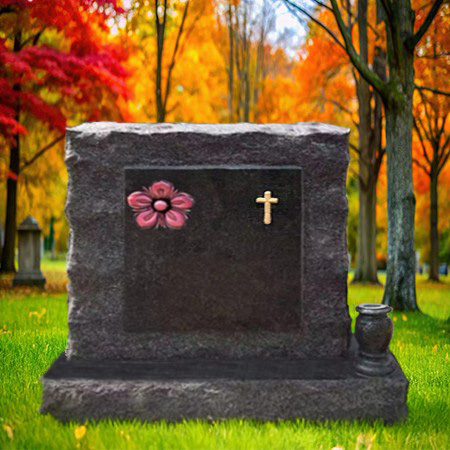 "Black granite upright headstone memorial featuring floral cross motif, chiseled border, polished inscription panel, and solid base—crafted for lasting tribute."