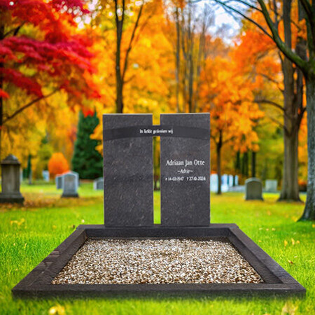 "Polished black and gray granite upright headstone with full-length ledger slab and decorative white pebble infill—crafted for complete memorial tribute."