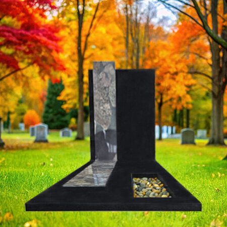 "Polished black granite upright headstone with center-aligned grey granite insert and full-length ledger slab featuring a recessed pebble detail."