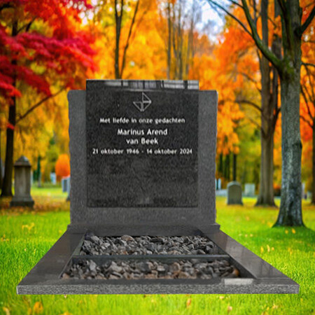 "Polished black and grey granite upright headstone with chiseled edge and grey granite framed kerbset filled with matching decorative gravel."