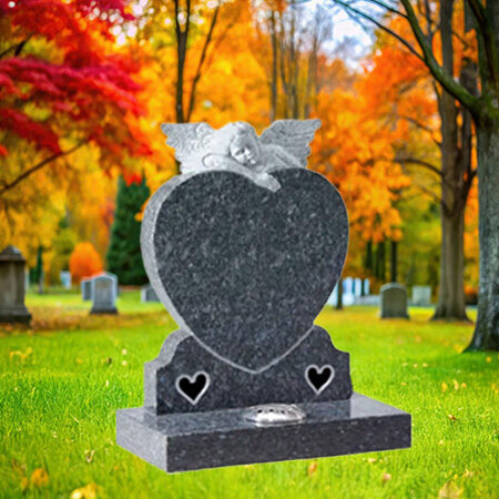 "Blue Pearl granite upright angel headstone featuring embraced heart centerpiece, dual base heart insets, and integrated flower container."