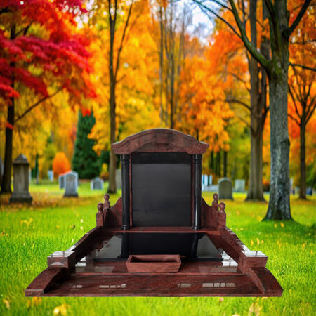 "Polished dark granite upright headstone memorial monument with arched top and full-length ledger slab for commemorative inscription."