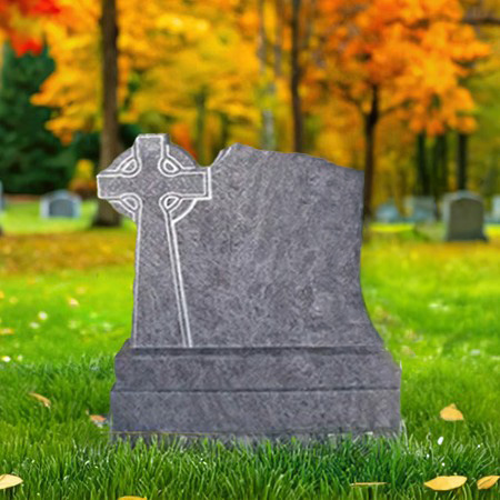 "Gray granite upright headstone memorial with sculpted Celtic cross, tiered base, and honed surface—symbolizing spiritual strength and timeless remembrance."