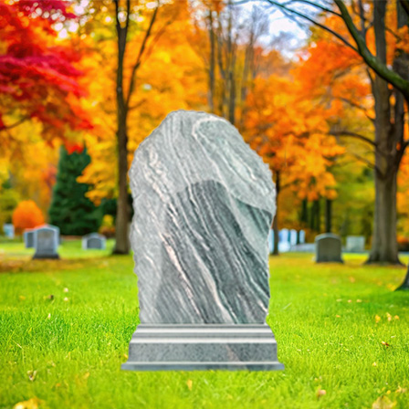 "Upright green granite headstone memorial with curved top, leather-textured finish, and polished rectangular base—crafted for timeless inscription and natural tribute."