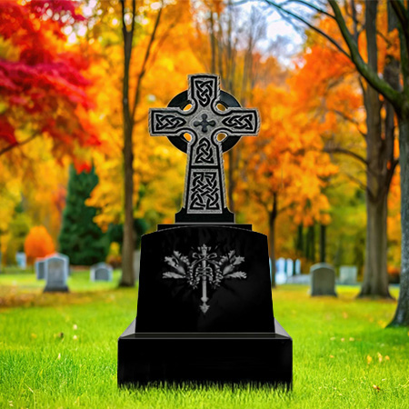 "Black granite upright headstone memorial with sculpted Celtic cross, dual sandblasted and polished finish, and solid base—symbolizing devotion and remembrance."