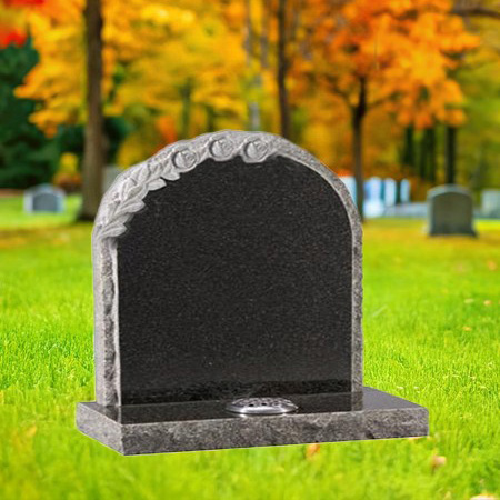 "Hand-carved black granite upright headstone memorial with sculpted three-rose motif and rectangular base—symbolizing love and enduring tribute."