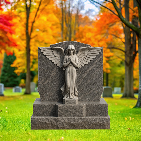 "Brown granite upright headstone memorial with sculpted angel, polished inscription panel, and chiseled base—symbolizing protection and sacred remembrance."
