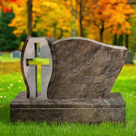 "Brown granite upright headstone memorial with recessed sandblasted cross and polished rectangular base—symbolizing legacy, strength, and spiritual dedication."