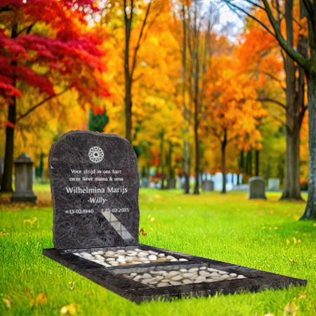 "Grey granite upright headstone memorial monument with polished full-length ledger slab and chiseled border—crafted for dignified cemetery tribute."