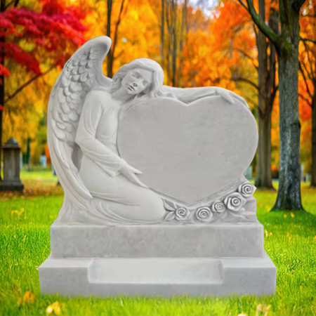 "White marble upright headstone memorial with angel embracing heart, floral rose carvings, and solid base—symbolizing love, protection, and graceful remembrance."