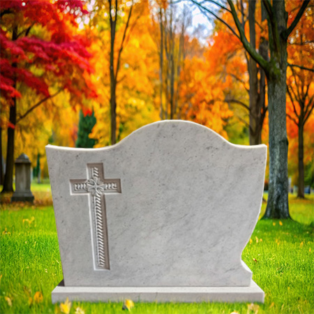 "Hand-carved white marble upright headstone memorial with engraved cross and curved top—symbolizing sacred tribute and legacy."