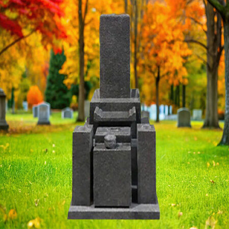 "Polished Japanese dark grey granite headstone with central pillar (中央墓石), flower holders (花立て), and incense stands (線香立て)—crafted for ancestral legacy."