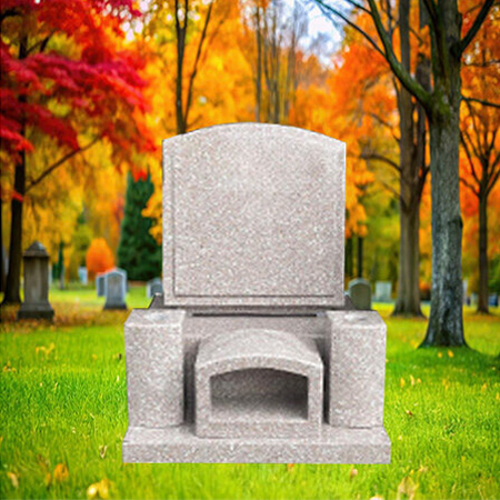 "Japanese headstone memorial carved in light brown polished granite with central pillar (中央墓石), recessed inscription panel, and integrated offering stands."