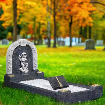 "Upright headstone memorial in pearl blue granite and white marble with cross, Cupid, rose carvings, kerb enclosure, and decorative white pebble fill."