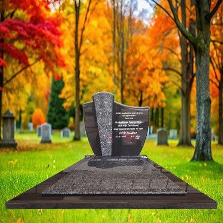 "Polished black and gray granite upright headstone with curved top, full-length ledger slab, and framed stone grave cover panel in global full monument style."