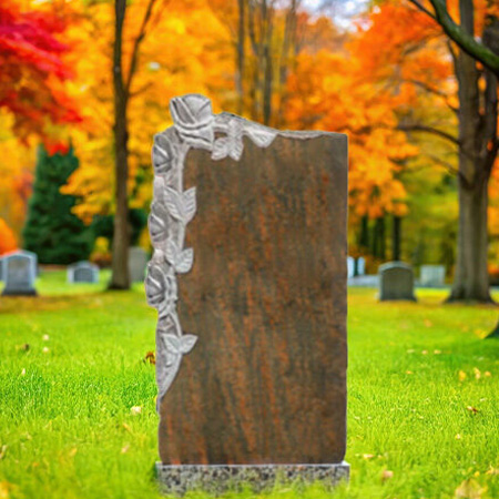 "Rustic granite upright headstone with cascading hand-carved roses and polished rectangular base—crafted for floral tribute and natural elegance."