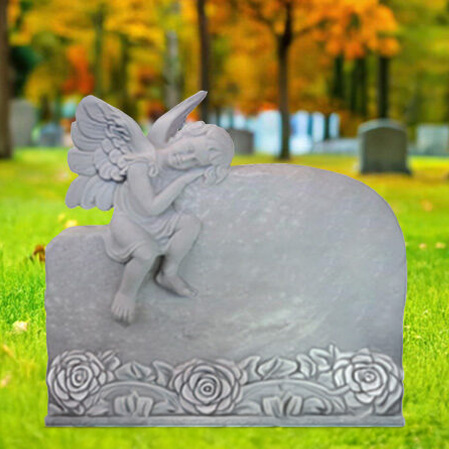 "White marble upright headstone with resting angel and sculpted cascading roses—crafted for sacred floral remembrance."