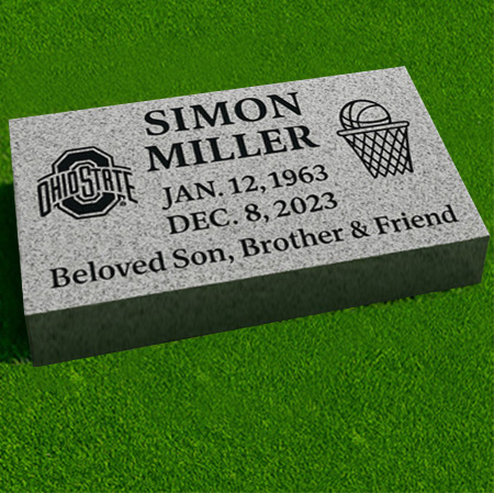"Grey granite pillow flush grass marker with collegiate emblem, basketball motif, dual inscription panels, and heartfelt epitaph."