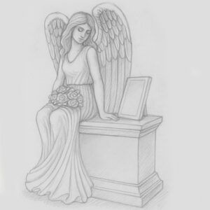 "Sketch of angelic memorial featuring seated angel with wings beside a rectangular headstone base, holding roses."