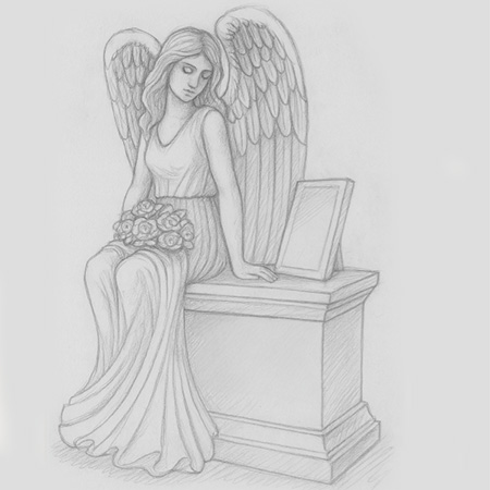 "Sketch of angelic memorial featuring seated angel with wings beside a rectangular headstone base, holding roses."