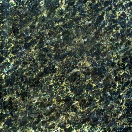 Vede Ubatuba granite sample with dark green tones and golden flecks