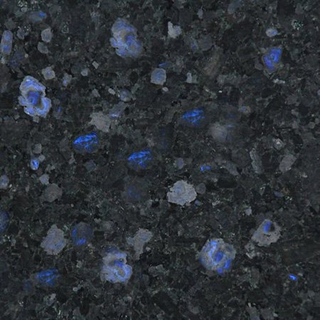 Volga Blue granite sample with dark blue-black base and iridescent flecks