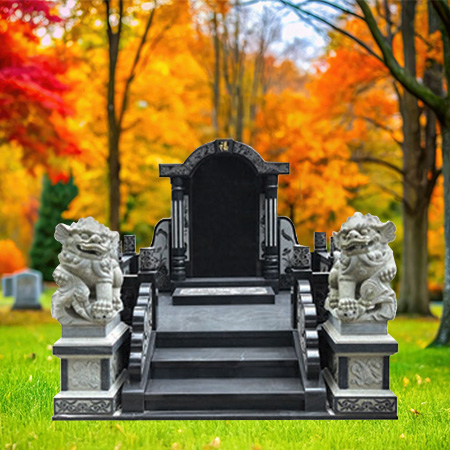 "Black granite ceremonial monument with canopy headstone, carved railings, stepped platform, and lion statues."