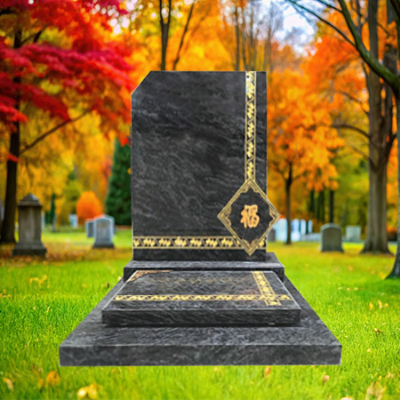 "Polished black granite upright headstone with gold vertical band and diamond-shaped emblem, mounted on a multi-tiered granite base."