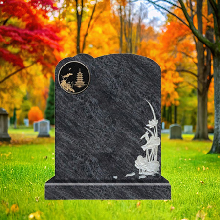 "Polished black granite upright headstone with pagoda landscape engraving and floral carvings, mounted on a matching granite base."