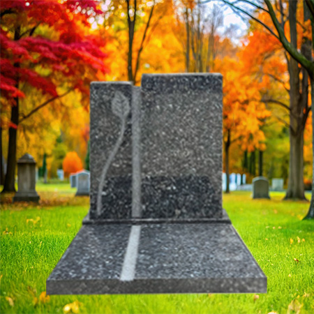 "Polished Blue Pearl granite upright headstone featuring a botanical carving and vertical line, mounted on a matching granite base."