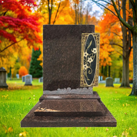 "Polished dark granite upright headstone with floral carving on the side and wave pattern along the bottom, mounted on a polished granite base."