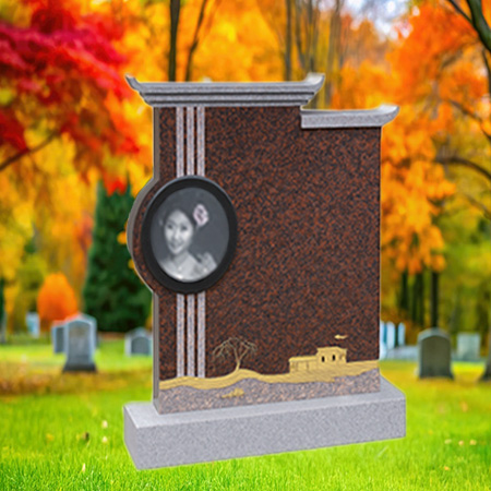 "Polished dark granite upright headstone with porcelain photo insert and gold-etched house scene, mounted on a matching granite base."