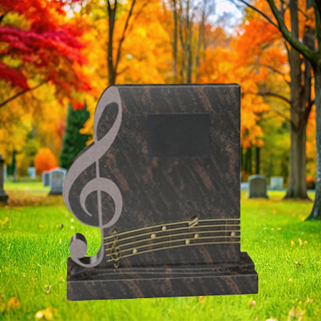 "Polished dark granite upright headstone with engraved treble clef and musical staff, mounted on a matching granite base."