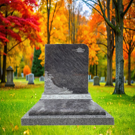 "Polished dark gray granite upright headstone with Oriental hillside and moon carving, mounted on a granite base."