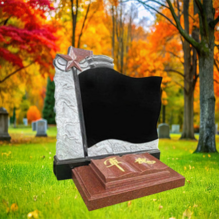 "Dual-tone granite upright headstone with sculpted star motif, mounted on a red granite base."