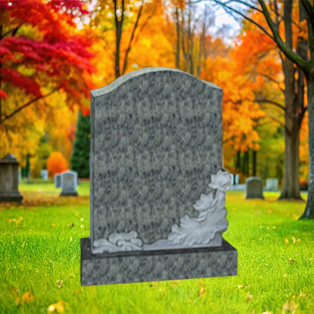 "Polished gray granite upright headstone with floral carving on the bottom right corner, mounted on a matching granite base."