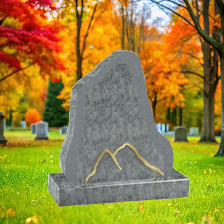 "Natural-form gray granite upright headstone with bronze mountain silhouette insert, mounted on a matching granite base."