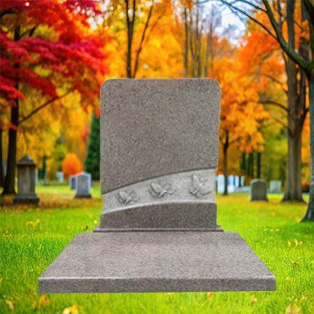 "Polished granite upright headstone with three carved butterflies on a decorative band near the base, mounted on a matching granite base."