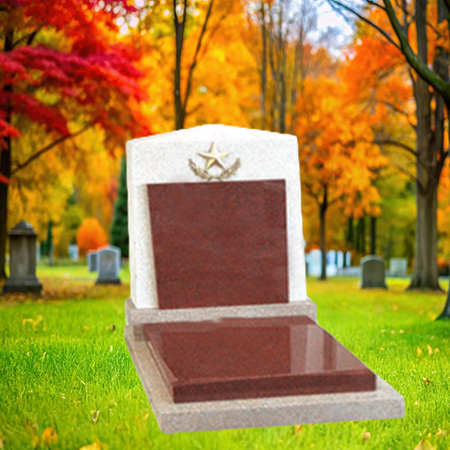 "Polished red granite upright headstone with bronze star emblem, mounted on a white granite base."