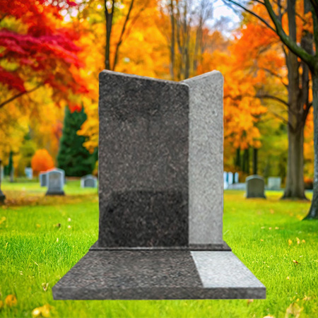 "Modern upright headstone with angular design crafted from dark polished granite and light textured stone."
