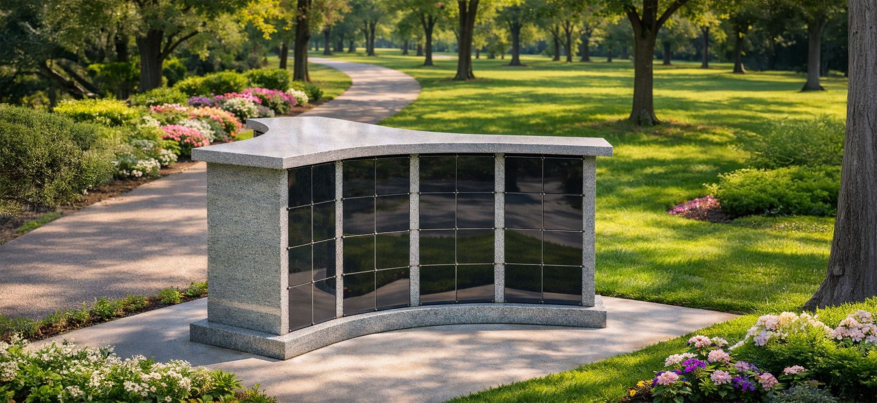 "Custom curved granite columbarium with polished niche panels in landscaped cemetery setting."