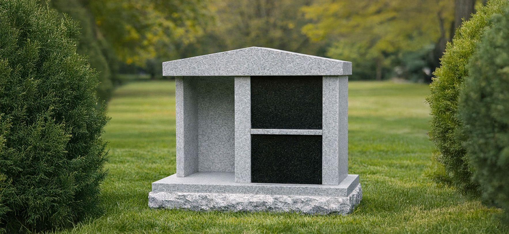 "Outdoor granite columbarium with peaked roof and polished niche panels in landscaped cemetery setting."