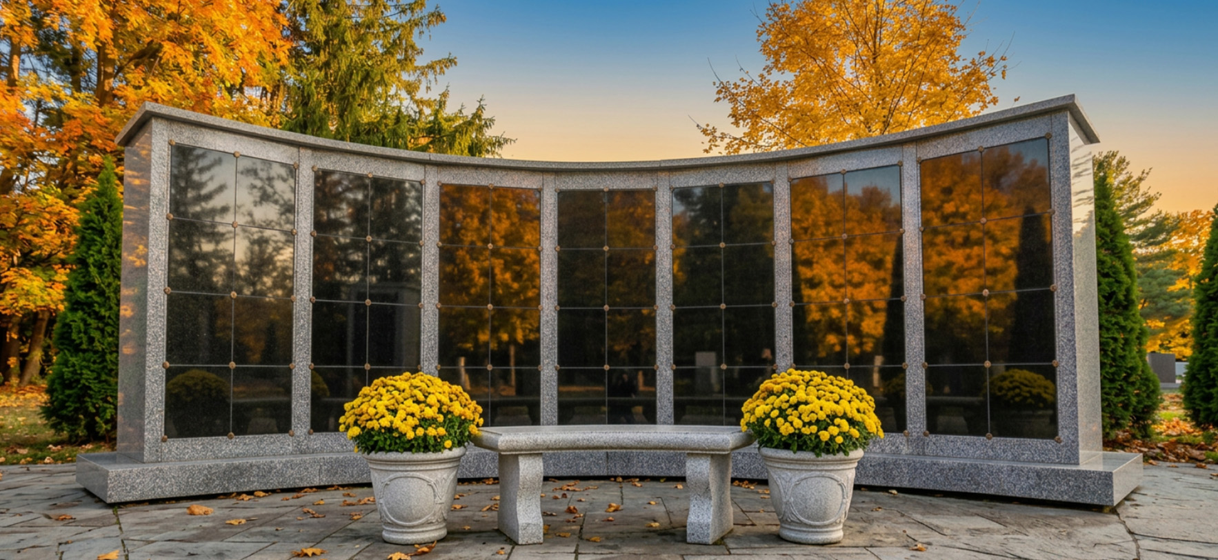 "Granite columbarium wall featuring a curved design, polished niche panels, and seasonal chrysanthemums."